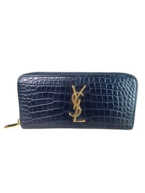 Yves Saint Laurent Navy Croc-Embossed Zip Wallet with Gold YSL Emblem